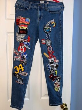 Sneakpeek Juniors Boyfriend Jeans with Multicolor Patchwork on Blue Denim